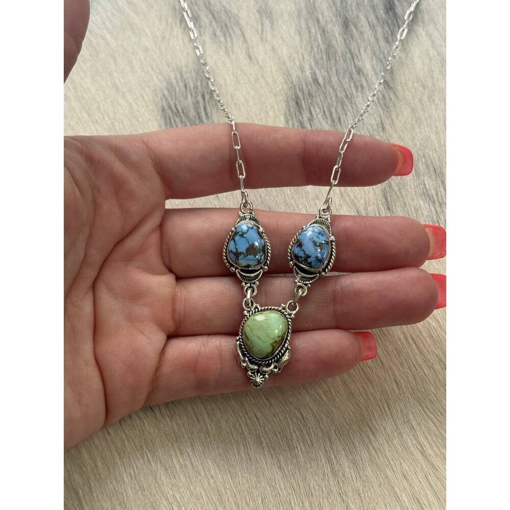 Sterling Silver Sonoran Gold Blue Golden Hills Turquoise Necklace Paperclip - Picture 7 of 13